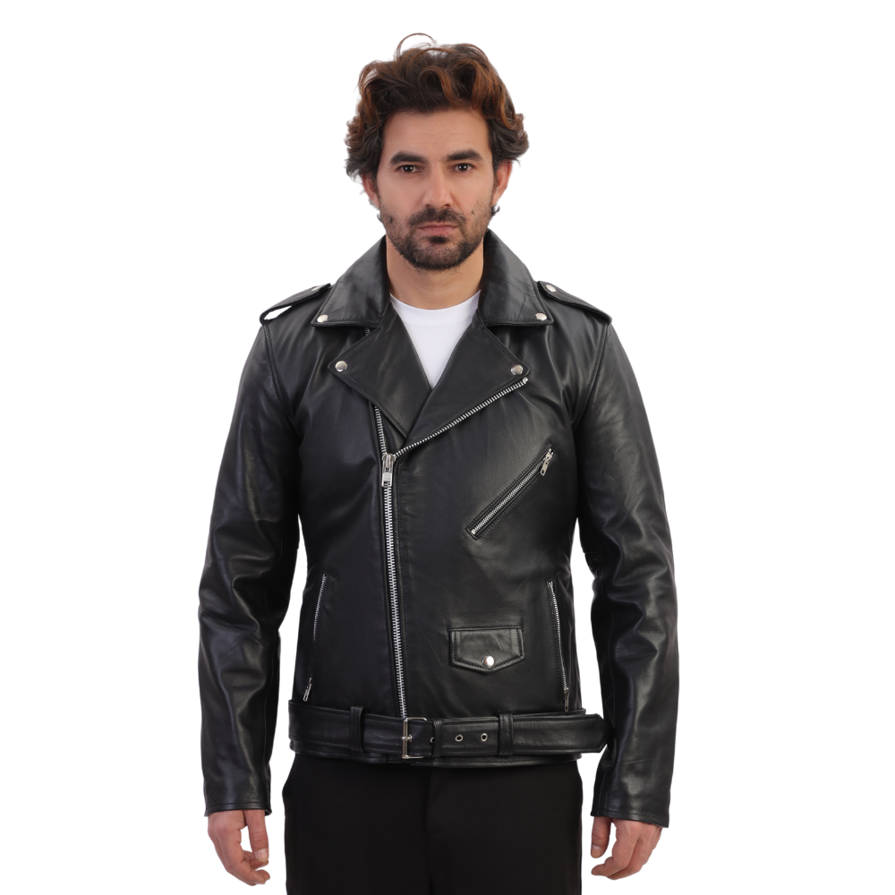 Slim fit biker style jacket with belt