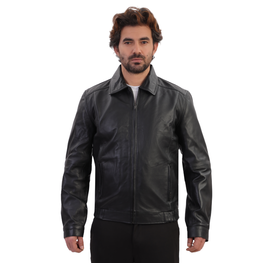Bomber leather jacket with spread collars