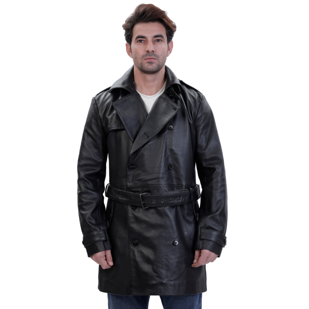 Black leather belted and double breasted trench coat