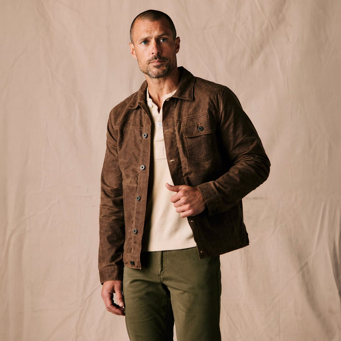 Flannel Lined Waxed Trucker Jacket in Havana