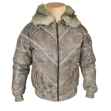 Casper's V-Bomber style Puffer Winter Leather Jacket with White Fox fur collar