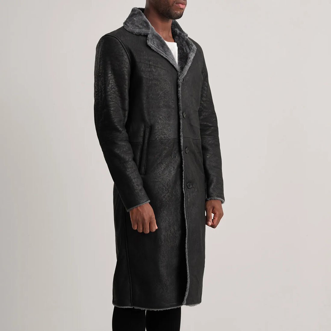 Kolby Distressed Black Leather Shearling Coat